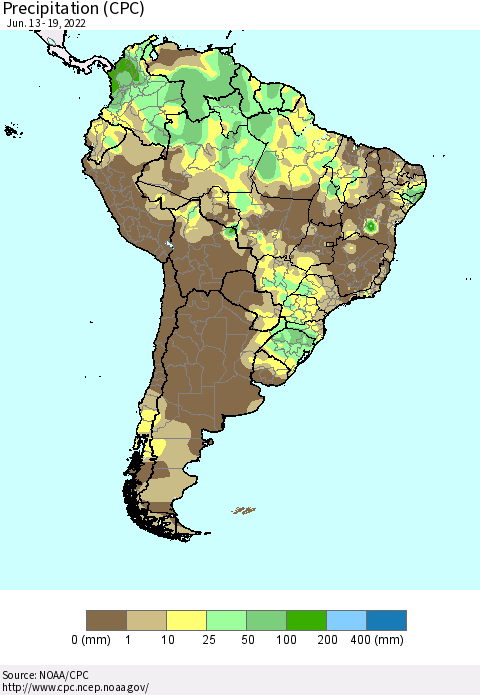 South America Precipitation (CPC) Thematic Map For 6/13/2022 - 6/19/2022
