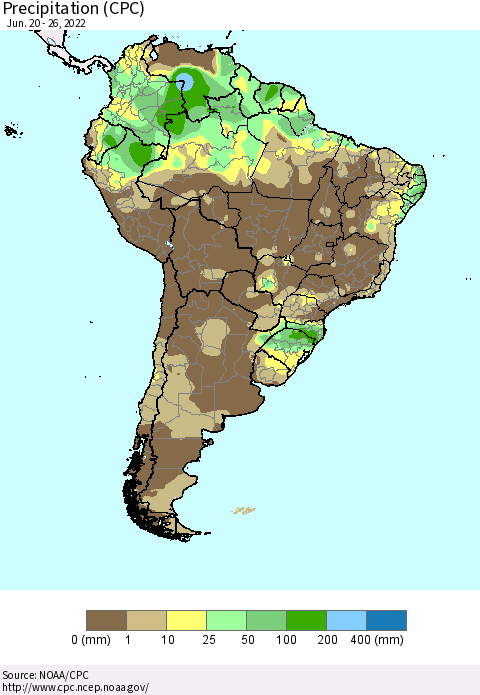 South America Precipitation (CPC) Thematic Map For 6/20/2022 - 6/26/2022