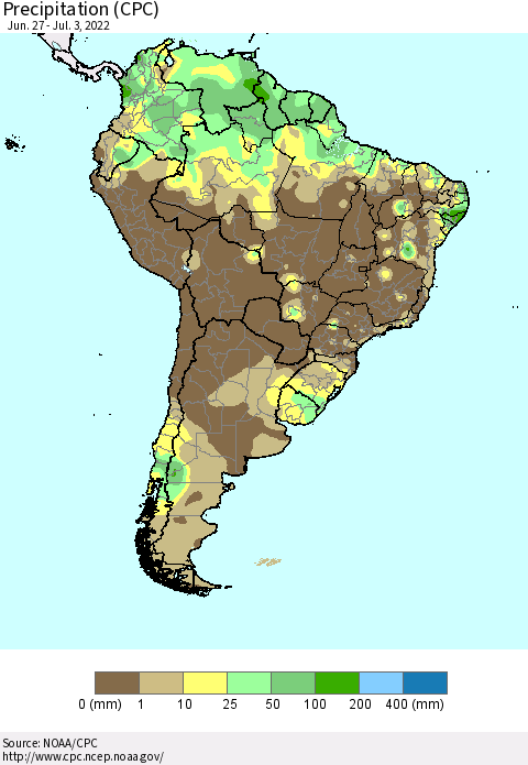 South America Precipitation (CPC) Thematic Map For 6/27/2022 - 7/3/2022