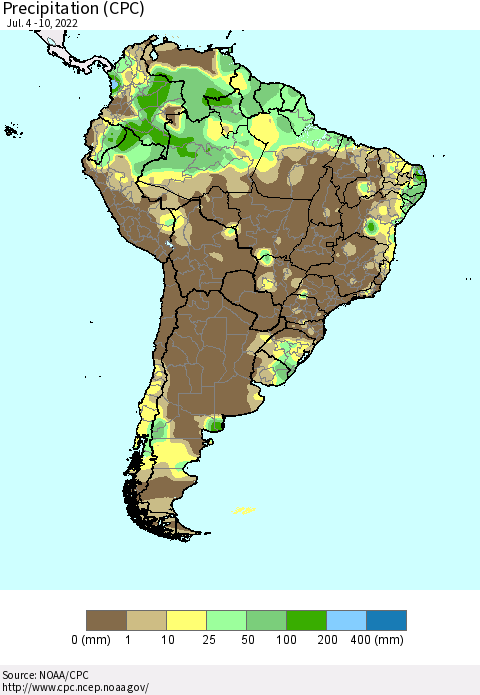 South America Precipitation (CPC) Thematic Map For 7/4/2022 - 7/10/2022