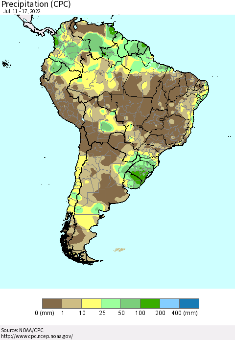 South America Precipitation (CPC) Thematic Map For 7/11/2022 - 7/17/2022