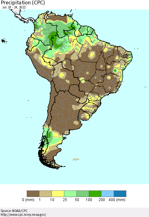 South America Precipitation (CPC) Thematic Map For 7/18/2022 - 7/24/2022
