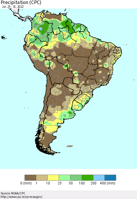 South America Precipitation (CPC) Thematic Map For 7/25/2022 - 7/31/2022