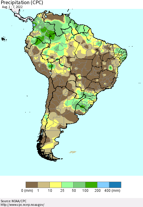 South America Precipitation (CPC) Thematic Map For 8/1/2022 - 8/7/2022