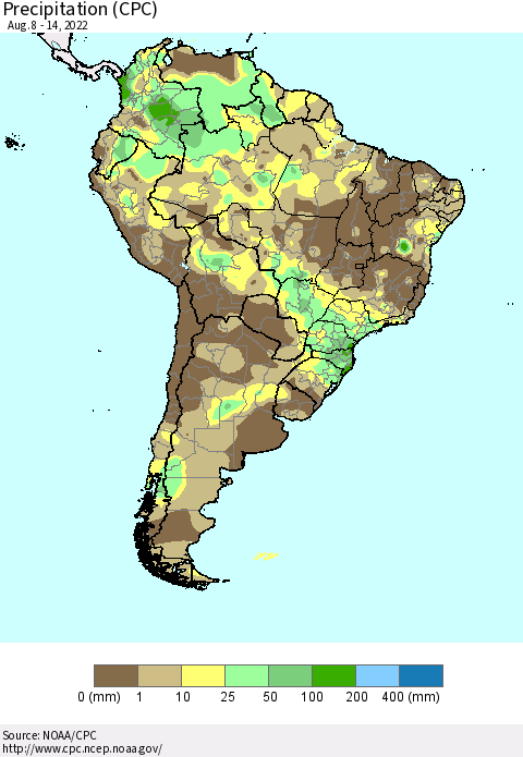 South America Precipitation (CPC) Thematic Map For 8/8/2022 - 8/14/2022