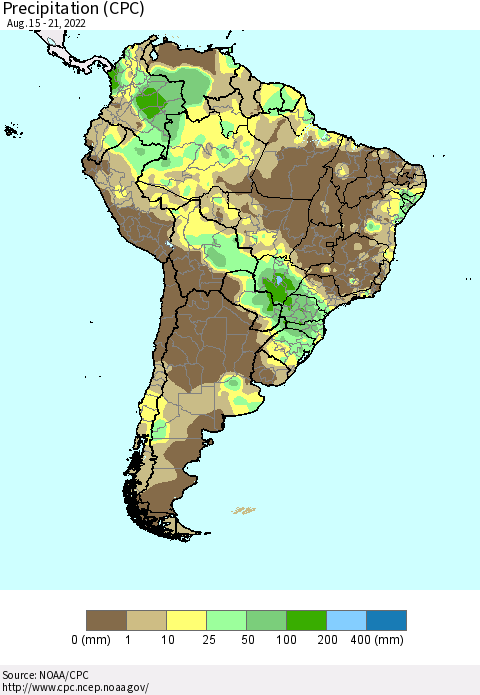 South America Precipitation (CPC) Thematic Map For 8/15/2022 - 8/21/2022
