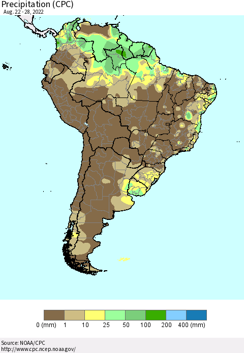 South America Precipitation (CPC) Thematic Map For 8/22/2022 - 8/28/2022