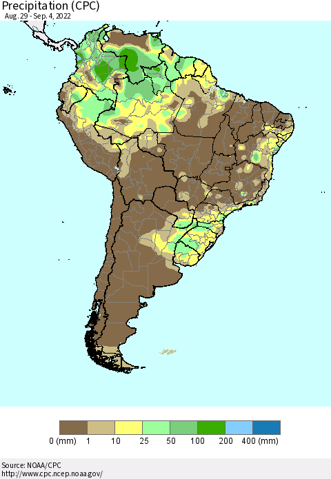 South America Precipitation (CPC) Thematic Map For 8/29/2022 - 9/4/2022