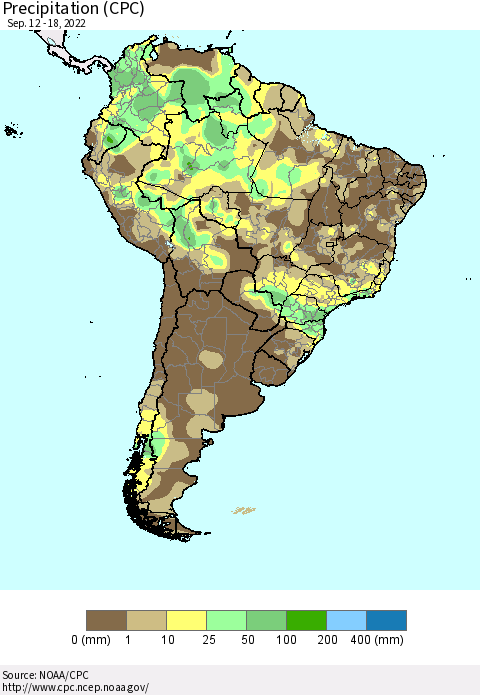 South America Precipitation (CPC) Thematic Map For 9/12/2022 - 9/18/2022