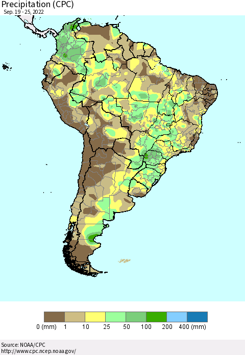 South America Precipitation (CPC) Thematic Map For 9/19/2022 - 9/25/2022