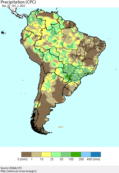 South America Precipitation (CPC) Thematic Map For 9/26/2022 - 10/2/2022