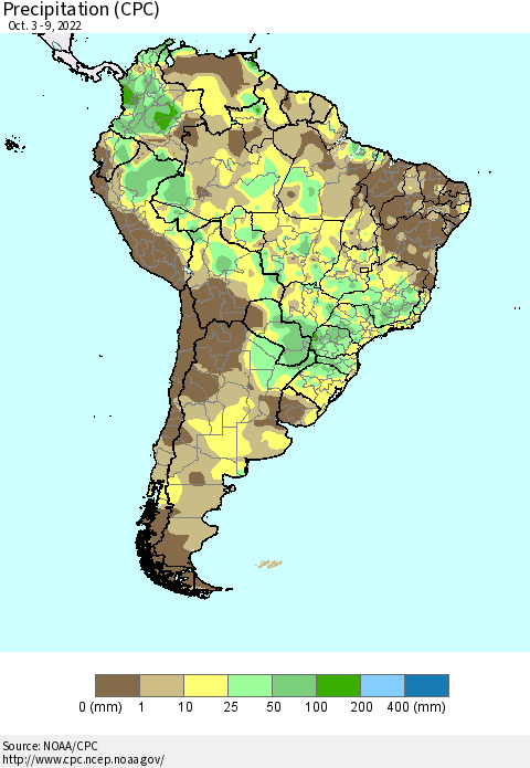 South America Precipitation (CPC) Thematic Map For 10/3/2022 - 10/9/2022