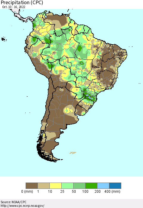 South America Precipitation (CPC) Thematic Map For 10/10/2022 - 10/16/2022