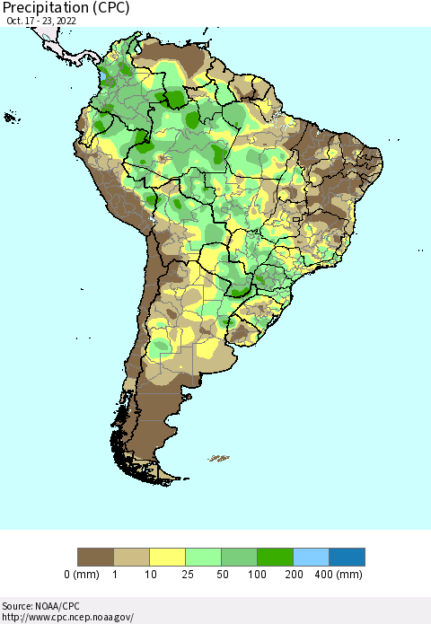 South America Precipitation (CPC) Thematic Map For 10/17/2022 - 10/23/2022