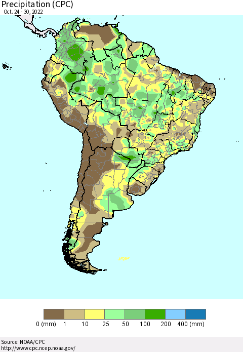 South America Precipitation (CPC) Thematic Map For 10/24/2022 - 10/30/2022