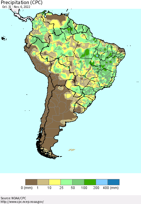 South America Precipitation (CPC) Thematic Map For 10/31/2022 - 11/6/2022