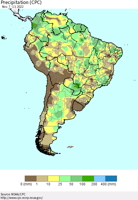 South America Precipitation (CPC) Thematic Map For 11/7/2022 - 11/13/2022