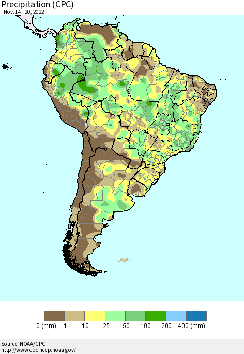 South America Precipitation (CPC) Thematic Map For 11/14/2022 - 11/20/2022