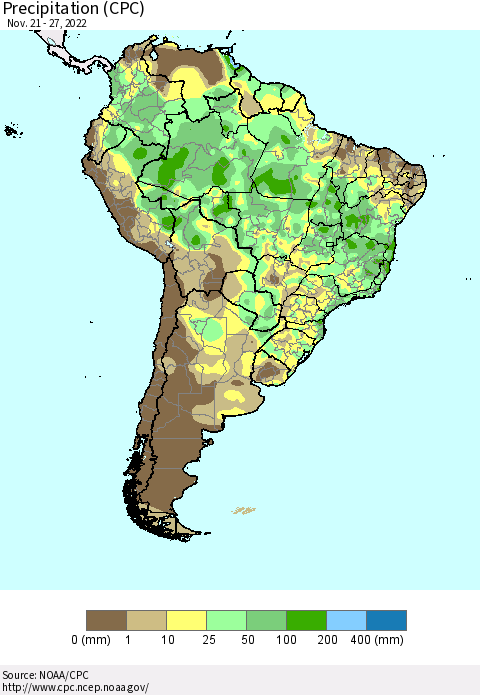 South America Precipitation (CPC) Thematic Map For 11/21/2022 - 11/27/2022