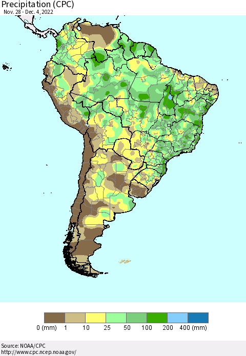 South America Precipitation (CPC) Thematic Map For 11/28/2022 - 12/4/2022