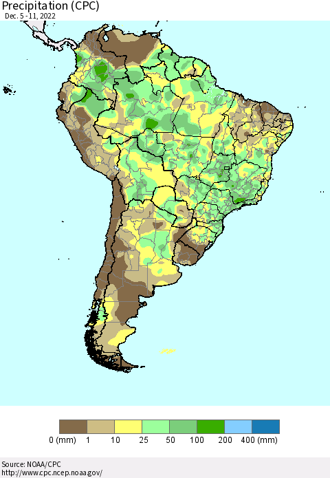 South America Precipitation (CPC) Thematic Map For 12/5/2022 - 12/11/2022