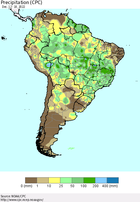 South America Precipitation (CPC) Thematic Map For 12/12/2022 - 12/18/2022