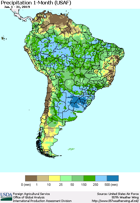 South America Precipitation 1-Month (USAF) Thematic Map For 1/1/2019 - 1/31/2019