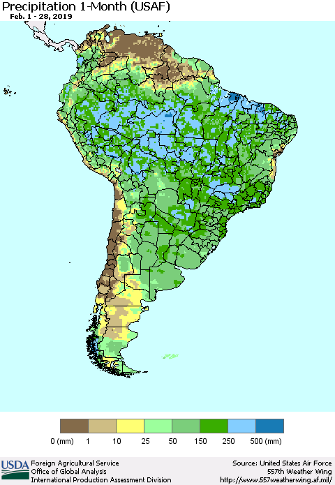 South America Precipitation 1-Month (USAF) Thematic Map For 2/1/2019 - 2/28/2019