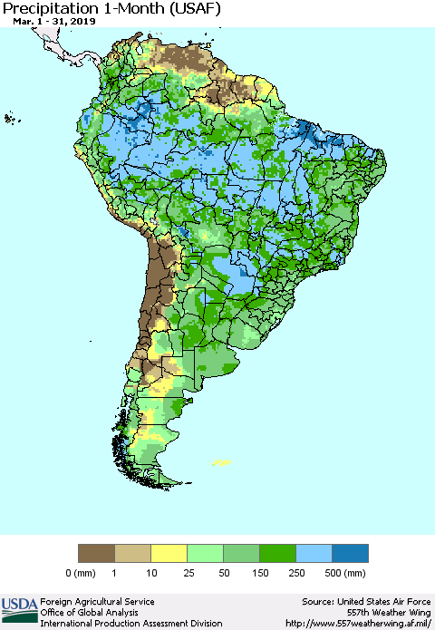 South America Precipitation 1-Month (USAF) Thematic Map For 3/1/2019 - 3/31/2019