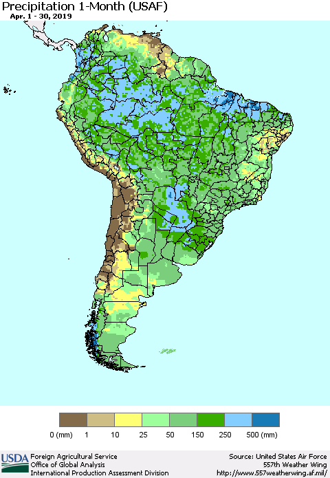 South America Precipitation 1-Month (USAF) Thematic Map For 4/1/2019 - 4/30/2019