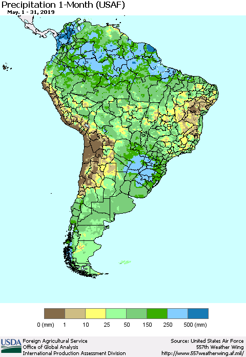South America Precipitation 1-Month (USAF) Thematic Map For 5/1/2019 - 5/31/2019
