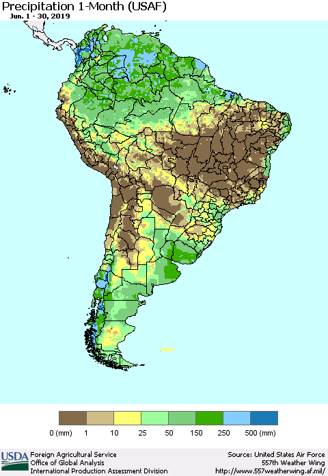 South America Precipitation 1-Month (USAF) Thematic Map For 6/1/2019 - 6/30/2019