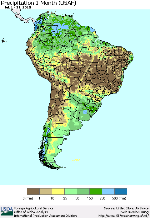 South America Precipitation 1-Month (USAF) Thematic Map For 7/1/2019 - 7/31/2019