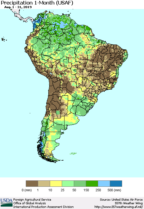South America Precipitation 1-Month (USAF) Thematic Map For 8/1/2019 - 8/31/2019