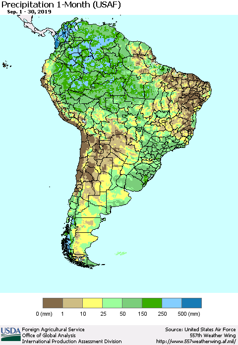 South America Precipitation 1-Month (USAF) Thematic Map For 9/1/2019 - 9/30/2019