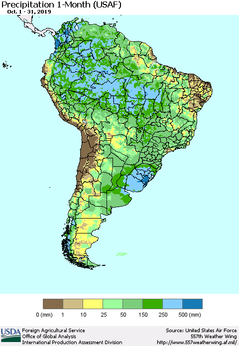 South America Precipitation 1-Month (USAF) Thematic Map For 10/1/2019 - 10/31/2019