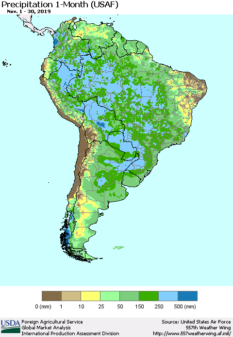 South America Precipitation 1-Month (USAF) Thematic Map For 11/1/2019 - 11/30/2019