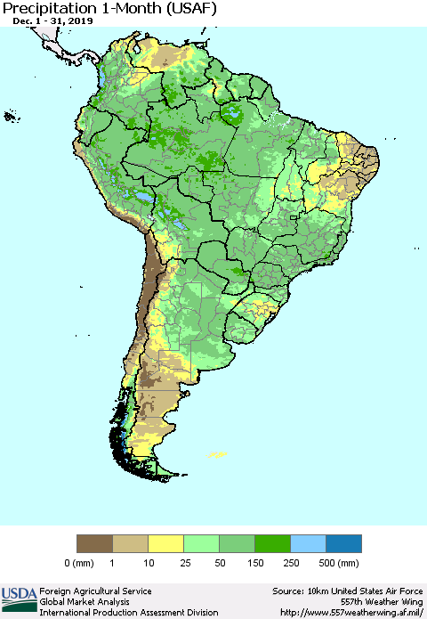 South America Precipitation 1-Month (USAF) Thematic Map For 12/1/2019 - 12/31/2019