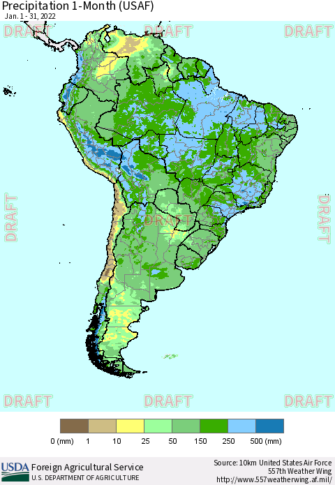 South America Precipitation 1-Month (USAF) Thematic Map For 1/1/2022 - 1/31/2022