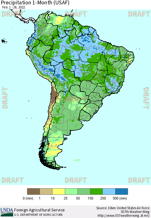South America Precipitation 1-Month (USAF) Thematic Map For 2/1/2022 - 2/28/2022