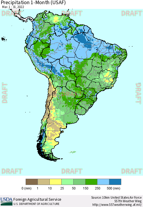 South America Precipitation 1-Month (USAF) Thematic Map For 3/1/2022 - 3/31/2022