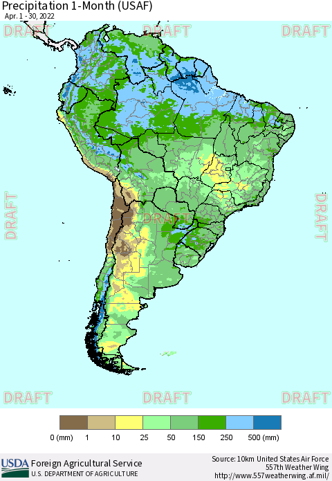 South America Precipitation 1-Month (USAF) Thematic Map For 4/1/2022 - 4/30/2022