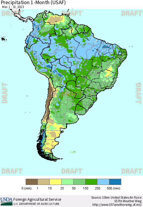 South America Precipitation 1-Month (USAF) Thematic Map For 3/1/2023 - 3/31/2023