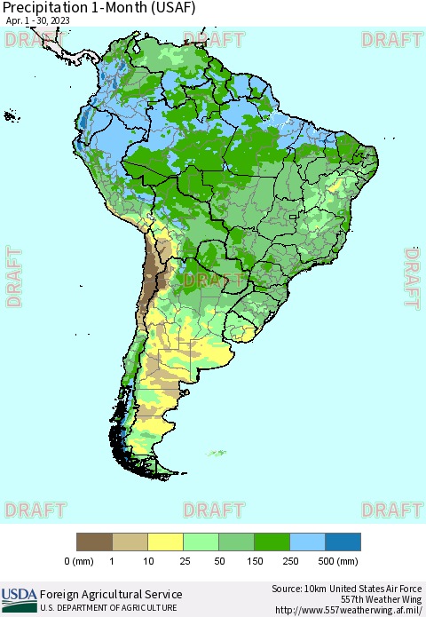 South America Precipitation 1-Month (USAF) Thematic Map For 4/1/2023 - 4/30/2023