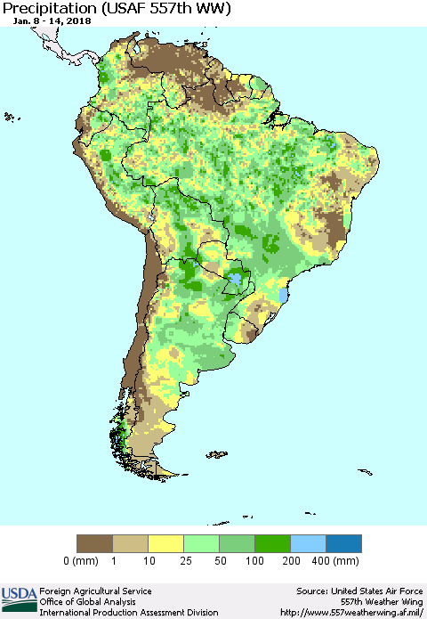 South America Precipitation (USAF 557th WW) Thematic Map For 1/8/2018 - 1/14/2018