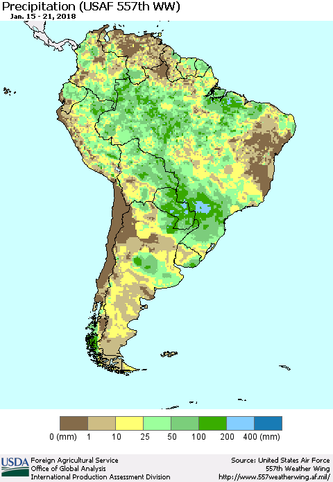 South America Precipitation (USAF 557th WW) Thematic Map For 1/15/2018 - 1/21/2018