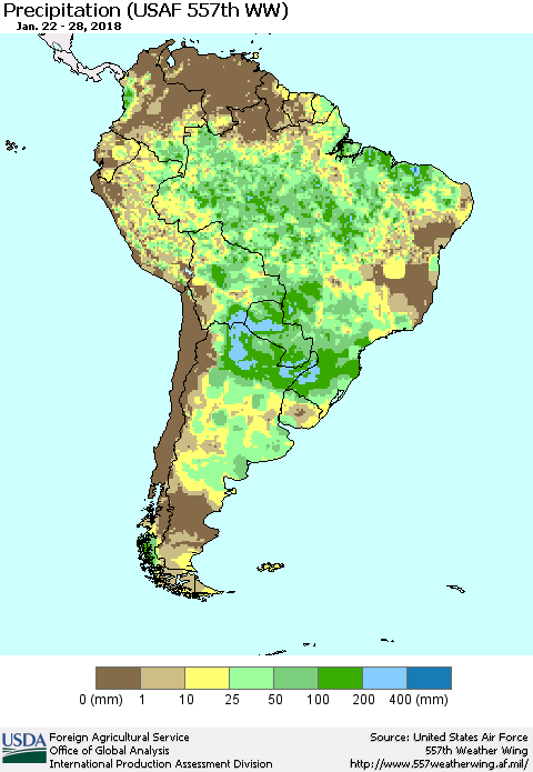 South America Precipitation (USAF 557th WW) Thematic Map For 1/22/2018 - 1/28/2018