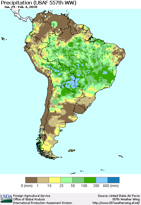 South America Precipitation (USAF 557th WW) Thematic Map For 1/29/2018 - 2/4/2018