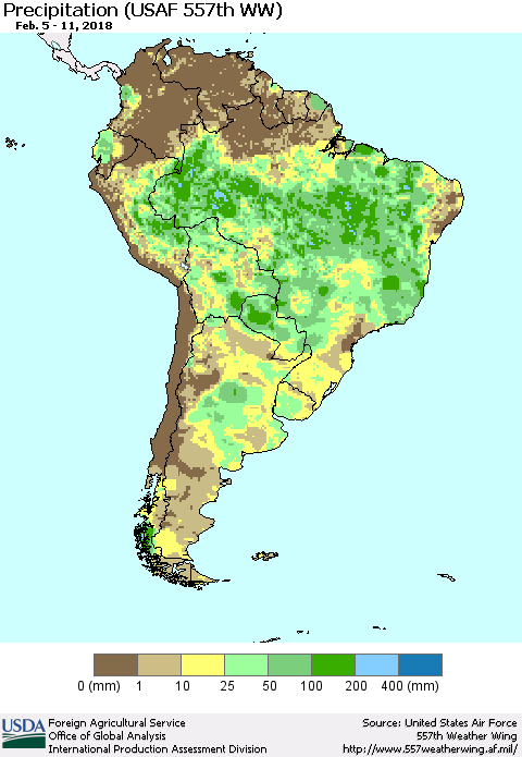 South America Precipitation (USAF 557th WW) Thematic Map For 2/5/2018 - 2/11/2018
