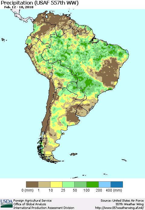 South America Precipitation (USAF 557th WW) Thematic Map For 2/12/2018 - 2/18/2018